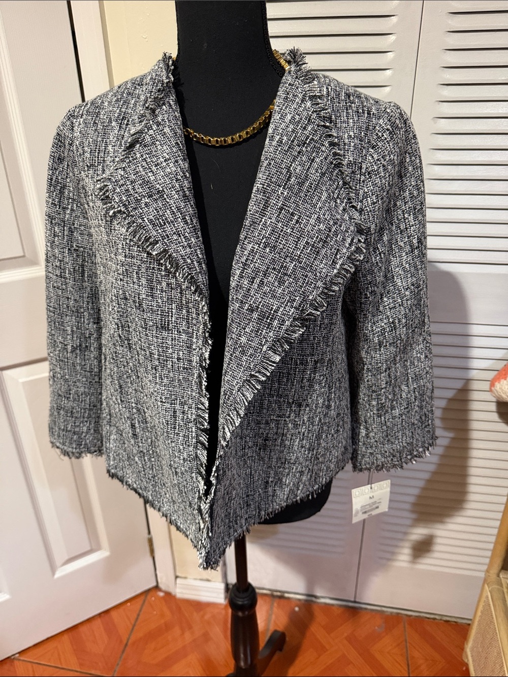 Liz Claiborne Black and White Fringed Open-Front Blazer